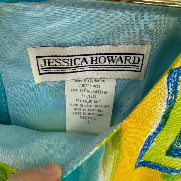 90s Vintage Jessica Howard Blue Yellow Abstract Floral Print Dress 8 Made in USA - Picture 4 of 7